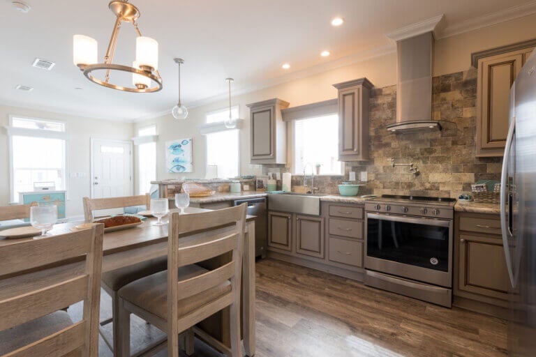 Kitchen inside a park model home at The Waters in Melbourne Beach, Florida.