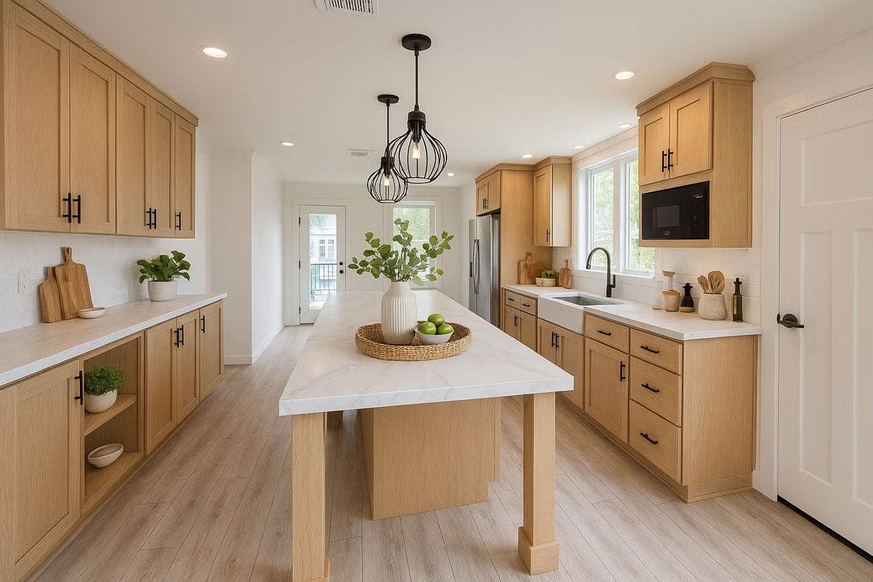 Staged kitchen inside a home for sale in Sarasota, Florida at Camelot Lakes Village