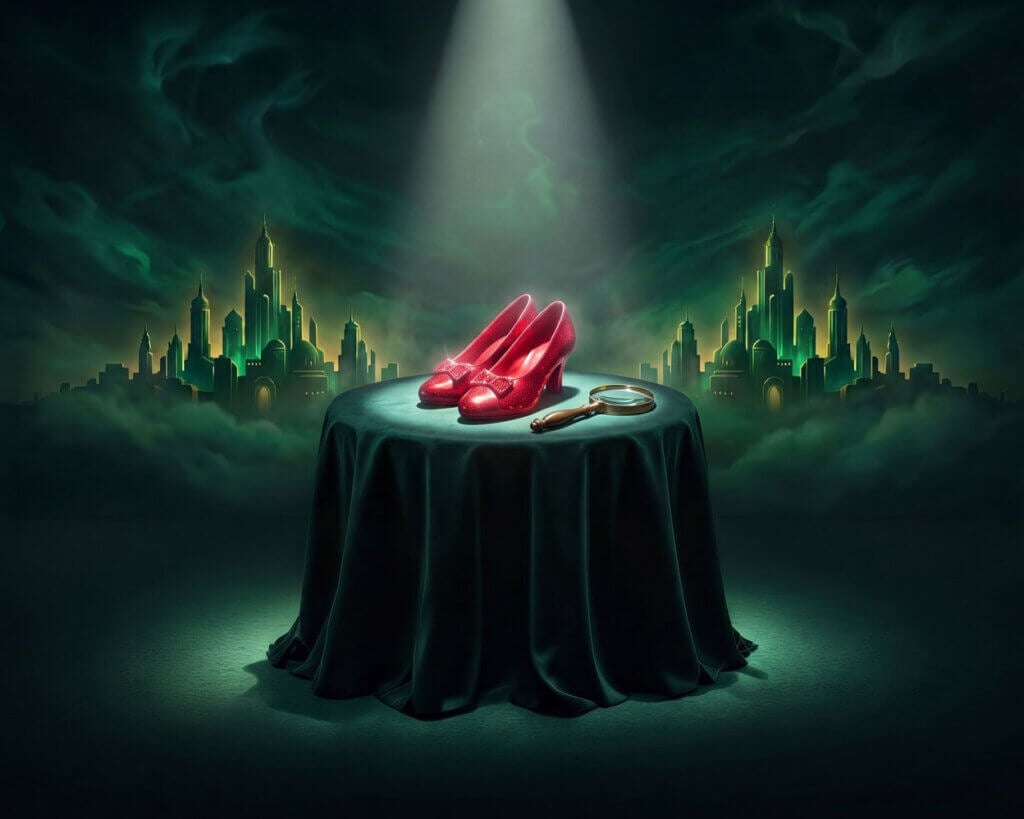 Ruby red shoes in the middle of a Wizard of Oz graphic