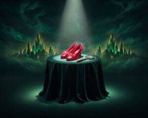 Ruby red shoes in the middle of a Wizard of Oz graphic