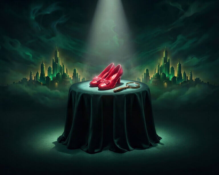 Ruby red shoes in the middle of a Wizard of Oz graphic