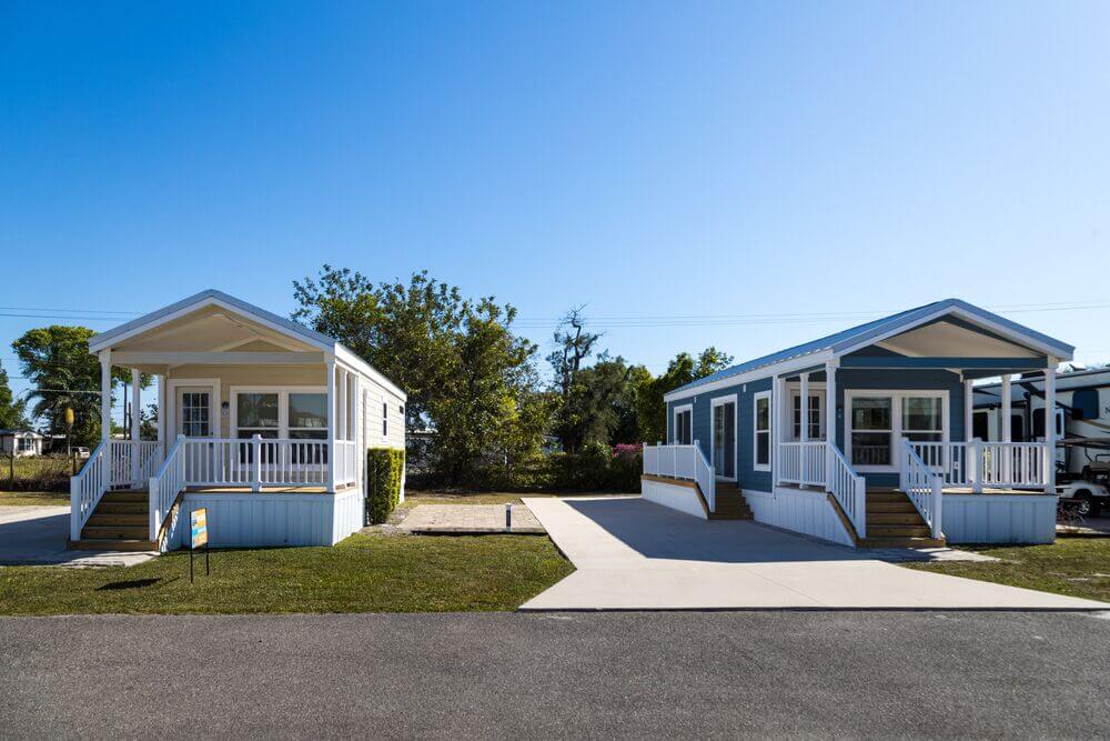 Elevation park model homes inside River Vista RV Park in Ruskin, Florida.