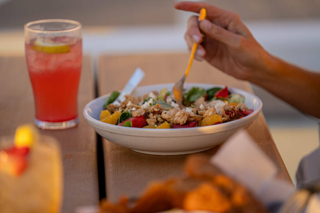creekfire lakehouse food- rice bowl and red beverage