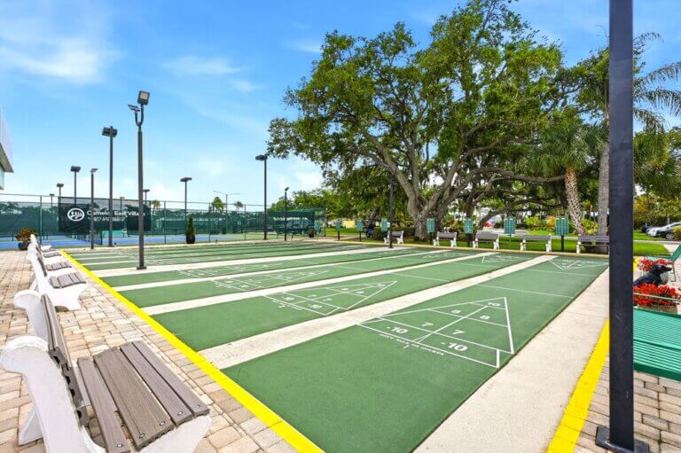 Shuffleboard courts at Camelot East Village in Sarasota, Florida.
