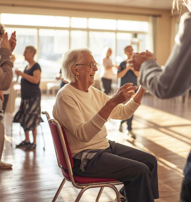 Stock photo of senior in chair during a dance fitness class