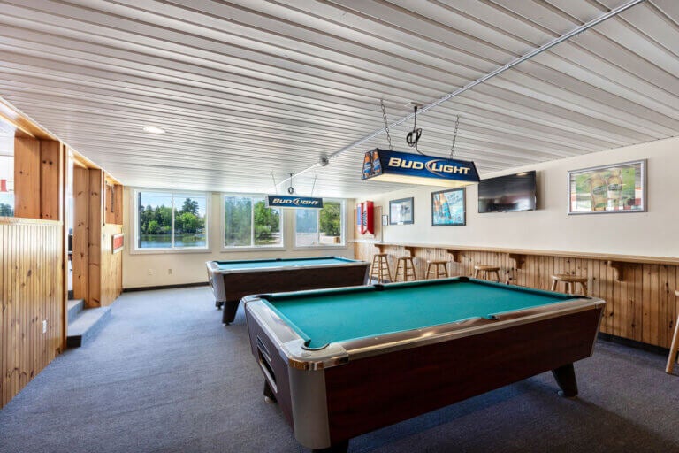 Pool tables inside the Sunset Lounge in Casco, Maine.