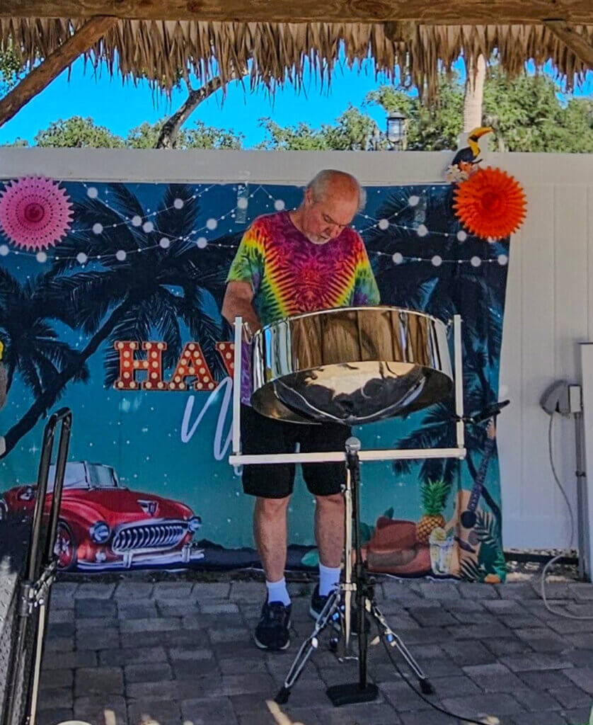 Tropical Steel Drums is poolside with live music for guests at 55+ Holliday RV Park in Leesburg, Florida.