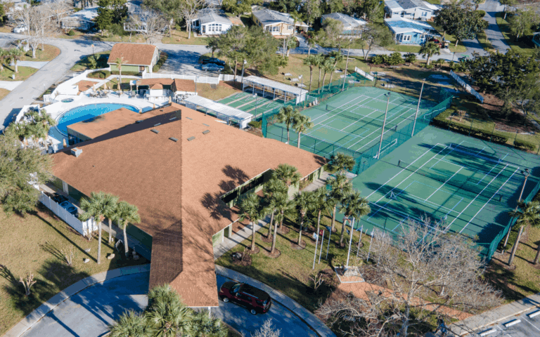 Bear Creek Village aerial view of homes and amenities.