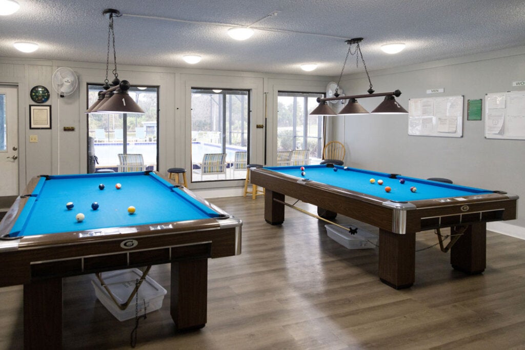 Two pool tables inside the billards room at Lake Griffin Harbor Village in Leesburg, Florida.