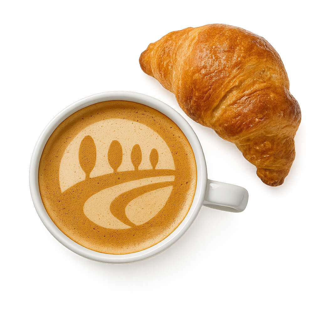 A coffee mug with the Cove Communities logo in the foam and a croissant.