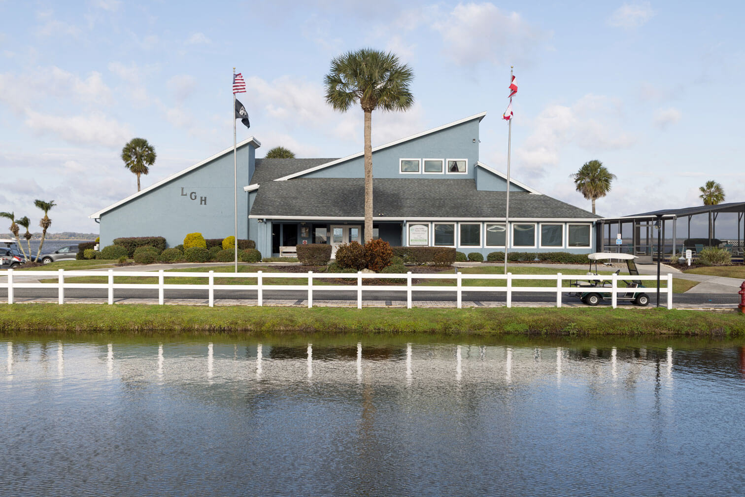 The front of the Lake Griffin Harbor which sits between a pond and Lake Griffin in Leesburg, Florida.
