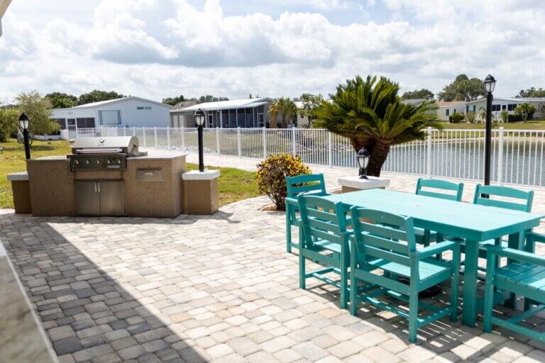 The grill and updated patio furniture at The Meadows clubhouse in Tarpon Springs, Florida.