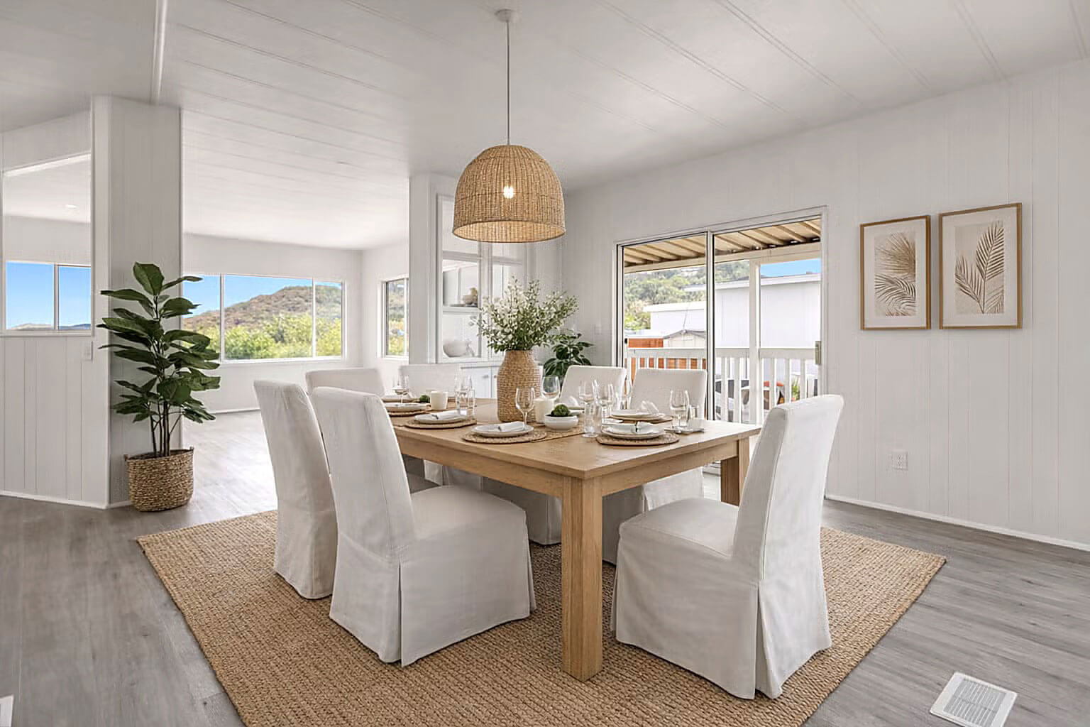 Virtually staged dining room inside a manufactured home in Mountain View Village in California.