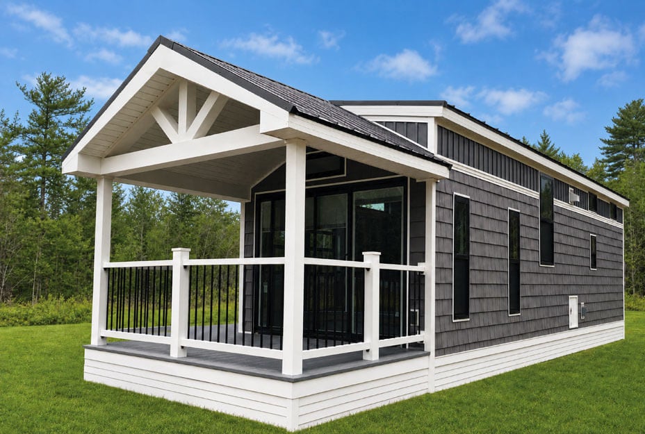Elevation 7 series cottage at Point Sebago Resort with a porch