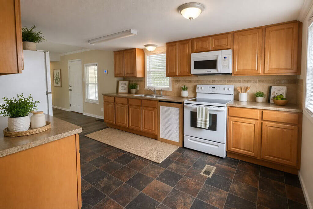 Staged kitchen in a manufactured home for sale in StrawBerry Ridge Village in Florida.