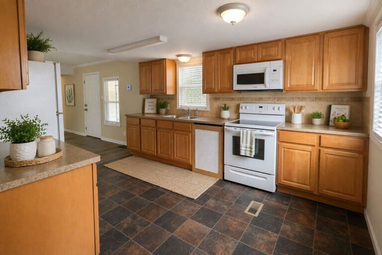 Staged kitchen in a manufactured home for sale in StrawBerry Ridge Village in Florida.