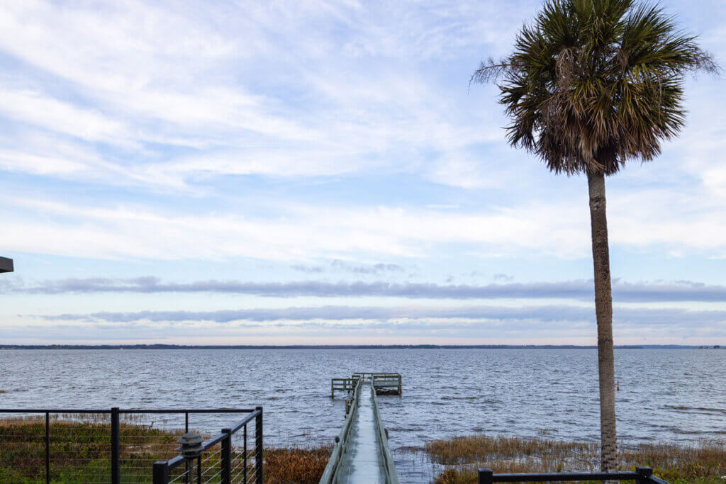 The pier on Lake Griffin from the Lake Griffin Harbor Village clubhouse in Leesburg, Florida.