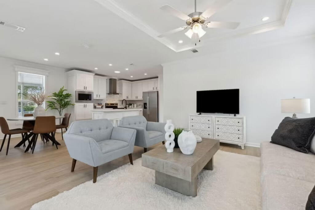 living-room-new-home-ocala-florida The living room inside a manufactured home at Rolling Greens Village in Florida.
