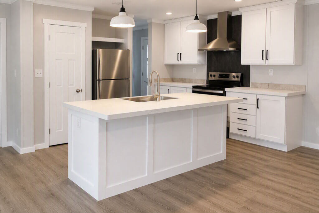 Inside the kitchen of a manufactured home at Bear Creek Village in Ormond Beach, Florida.
