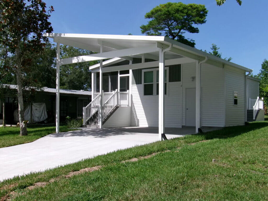 The exterior of a manufactured home recently installed on Ormond Beach at a 55+ community Bear Creek Village.