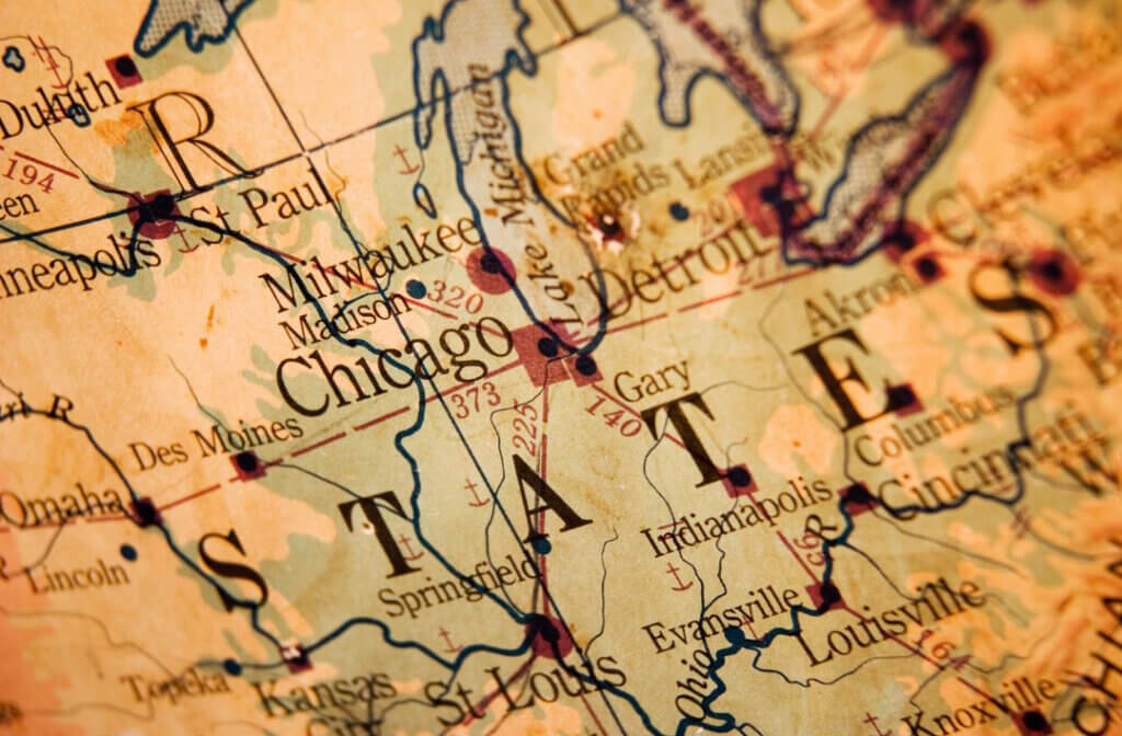 A close-up of a map showing the Great Lakes region of the United States, including cities like Chicago, Detroit, and St. Paul.