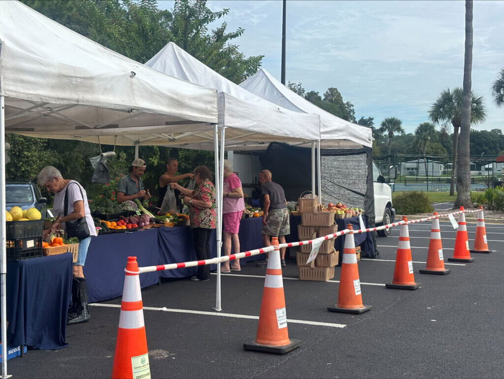 Residents at Cypress Lakes Village shopping for produce under white tents near the clubhouse in Lakeland, Florida.
