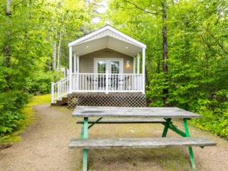 External view of a cabin rental with picnic table at Point Sebago Resort.