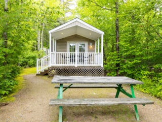 External view of a cabin rental with picnic table at Point Sebago Resort.