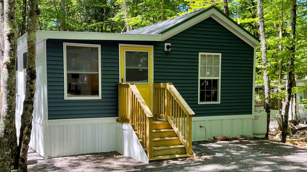 Exterior of a blue cottage