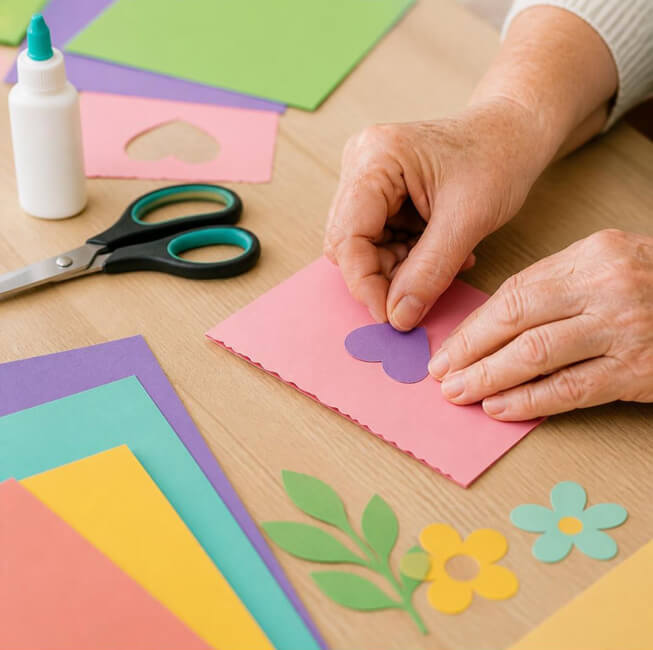 A senior resident's hands are shown assembling a paper flower craft at The Meadows in Tarpon Springs, Florida.