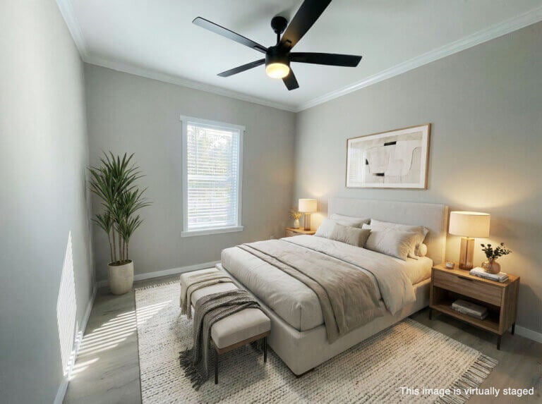 Virtually staged bedroom in a manufactured home for sale in Lakeland, Florida at Cypress Lakes Village.