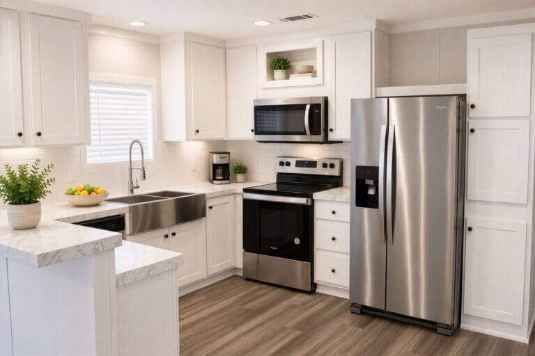 A kitchen with appliances and a staged countertop inside an Oak Harbor RV Park, park model home.