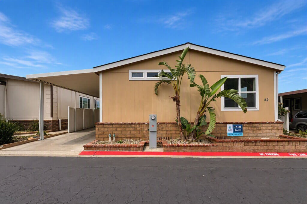 The exterior of a manufactured home for sale in Los Angele's West Hills community along Woolsey Canyon Road.