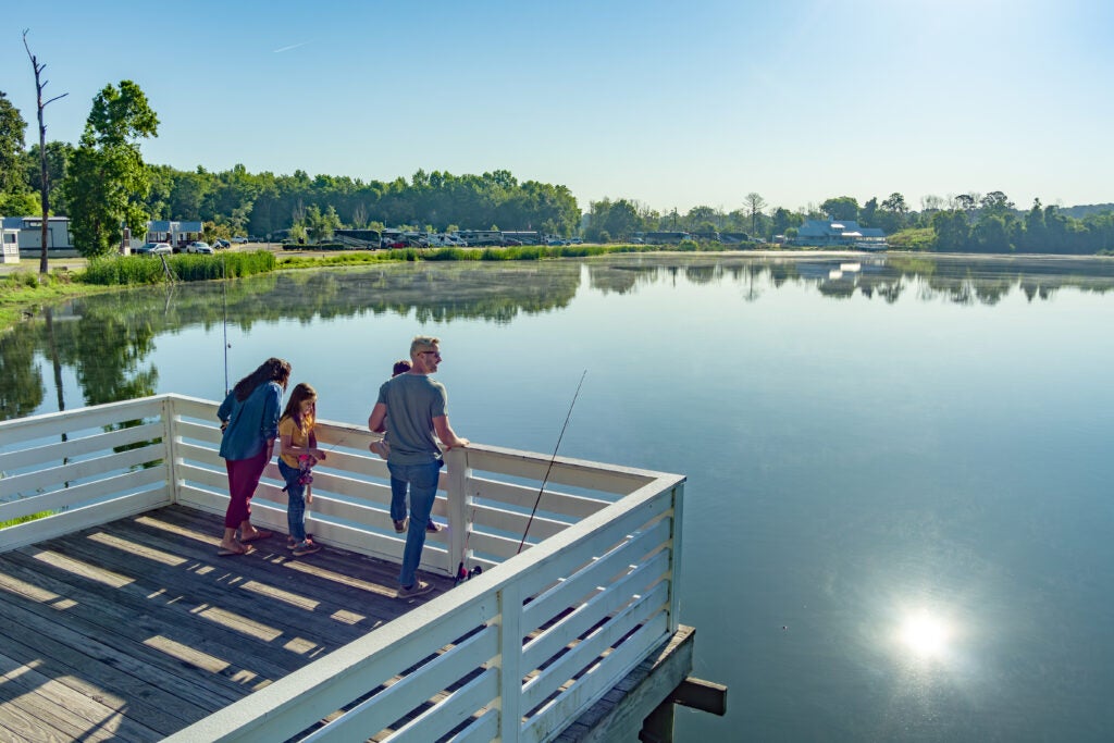 fishing off dock at CreekFire RV Resort in Savannah, Georgia