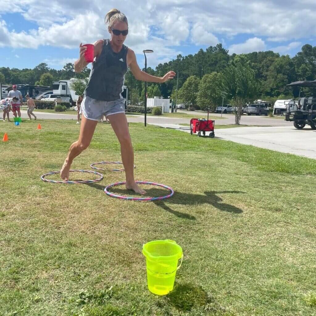 Family relay games during the summer at CreekFire RV Resort in Georgia.