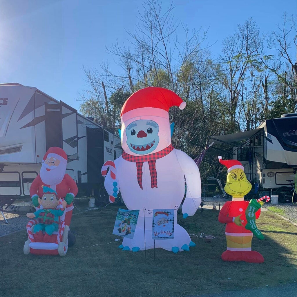 RV sites decorated for Christmas at CreekFire RV Resort