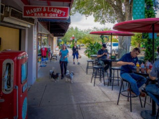 Lady walks her three dogs in the family friendly community: Downtown Winter Garden. 