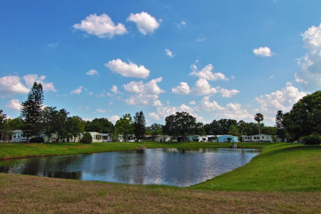 Pond in front of clubhouse at Hyde Park Village