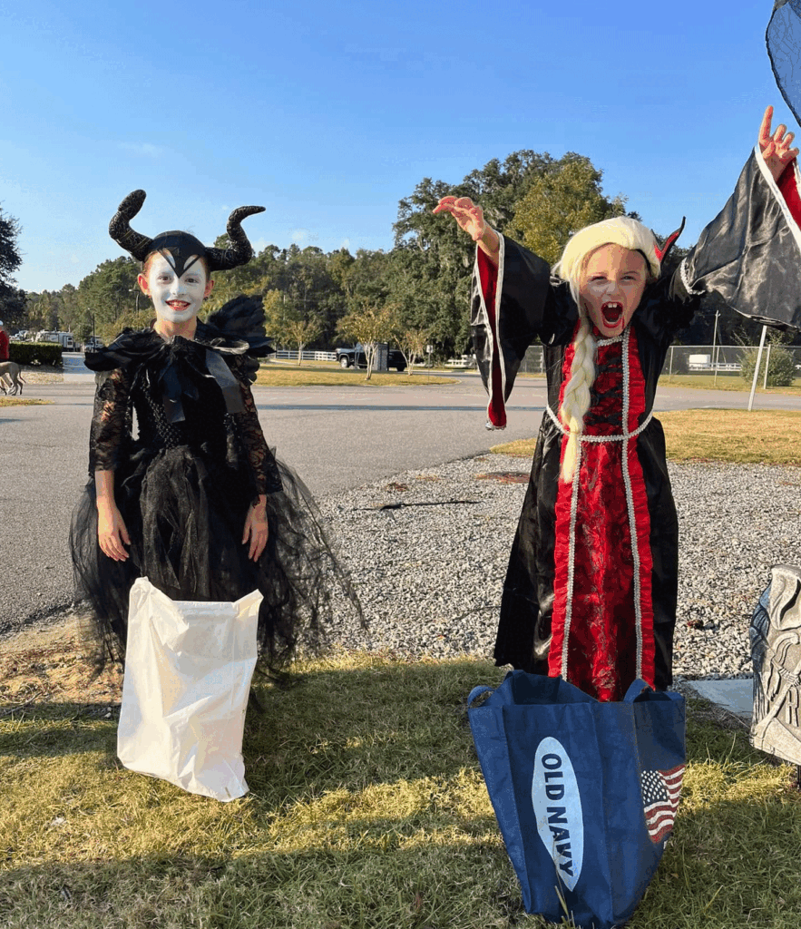 kids dressed up in halloween costumes during halloween weekend at Creekfire Resort