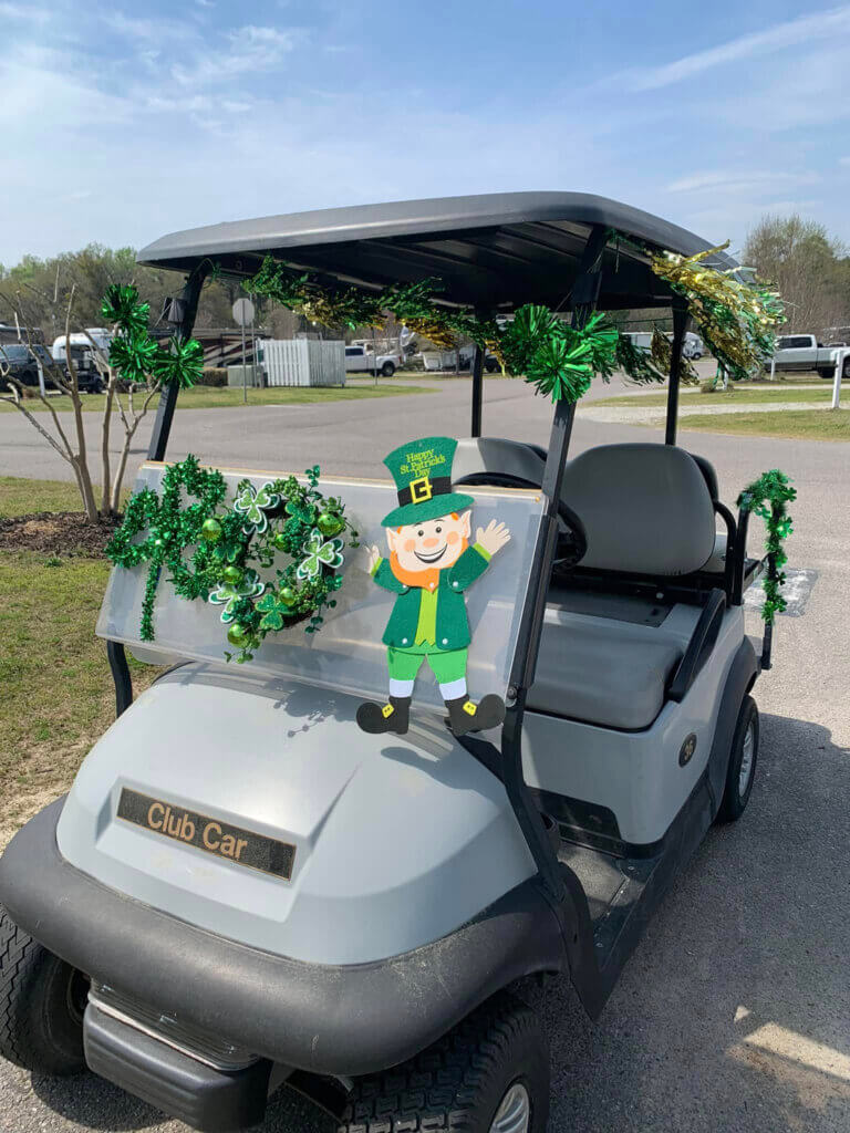 Golf Cart decorated for St. Patrick's Day Parade at CreekFire RV Resort