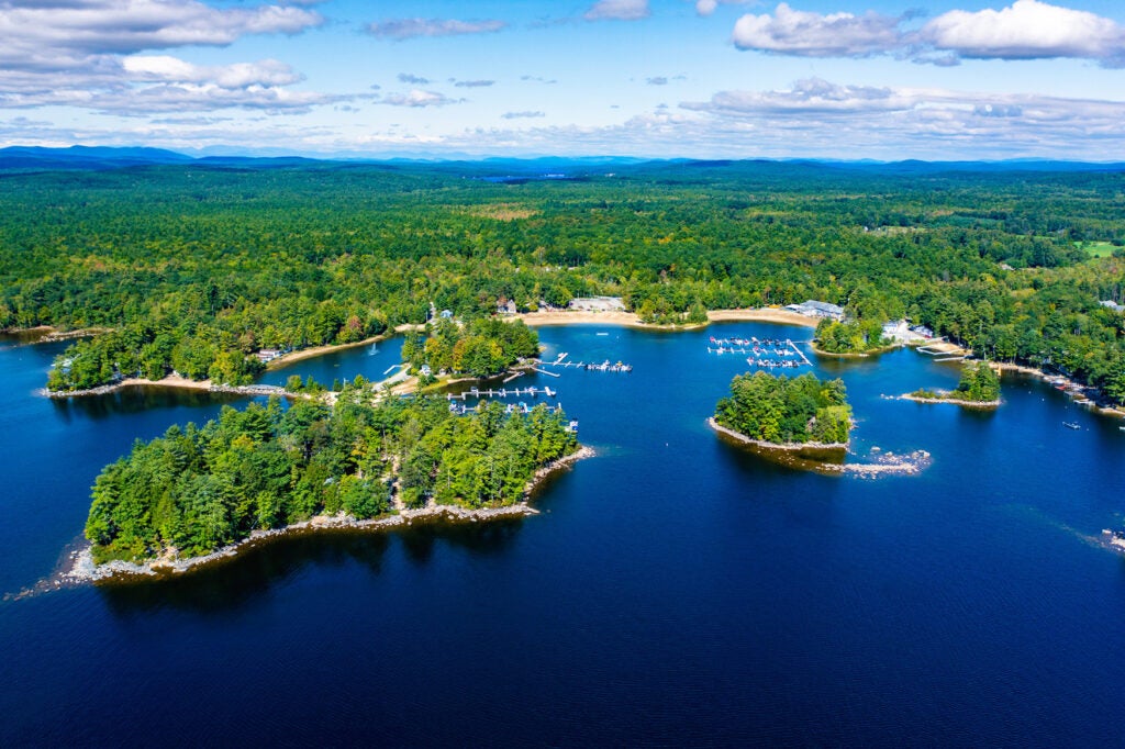 Drone aerial of cove at Point Sebago Resort