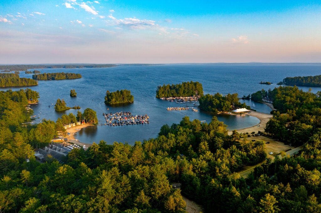 Aerial drone of cove at Point Sebago Resort in Casco, Maine