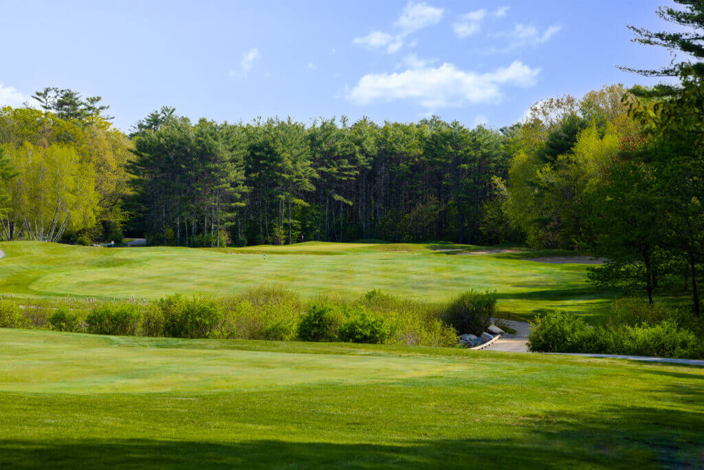 Golf home with bridge in foreground and green in background