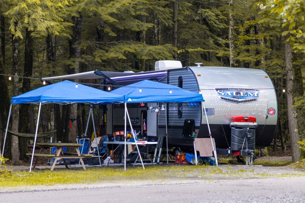 RV setup in the woods