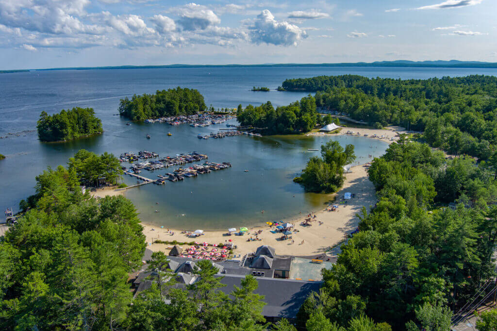 View of Point Sebago Resort&#039;s beach in Maine.