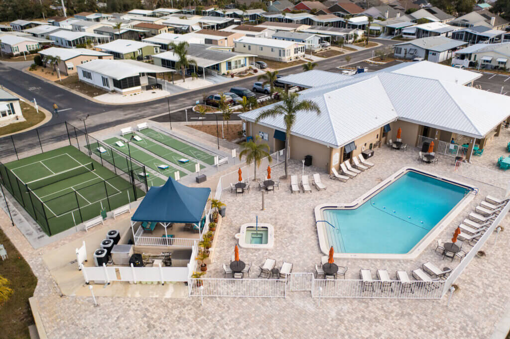 View of the new swimming pool deck at The Meadows in Tarpon Springs, Florida