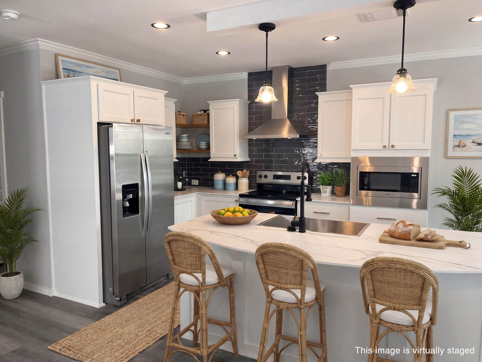 A virtually staged new kitchen inside 998 Douglas Ln at The Meadows in Tarpon Springs, Florida.
