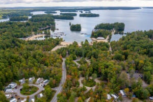 Aerial view of seasonal RV sites (on the right) at Point Sebago Resort in Maine.