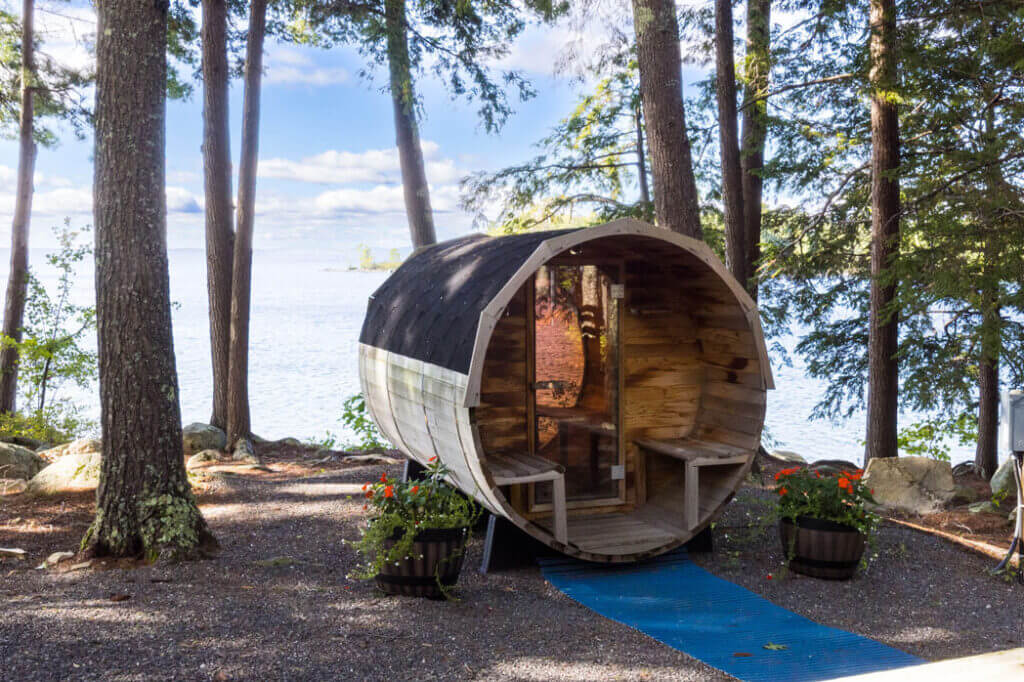 Sauna outside of The Island Lodge at Point Sebago Resort in Casco, Maine