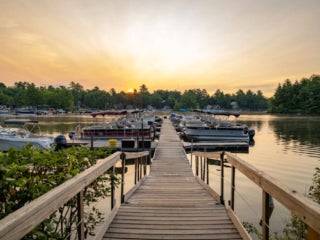 Sunrise at the marina at Point Sebago Resort in Maine.